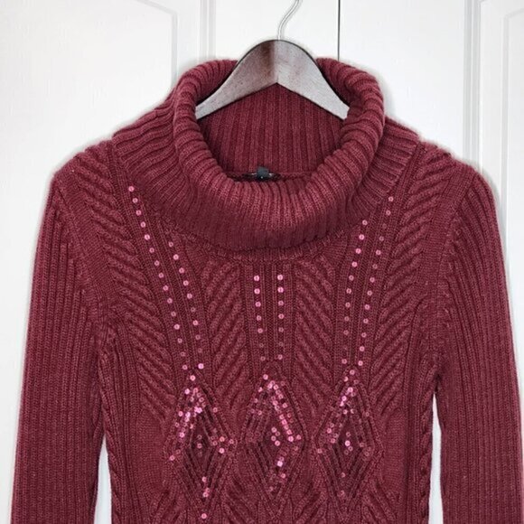 TALBOTS Burgundy Embellished Cable Knit Cowl Neck Sweater - Picture 4 of 7